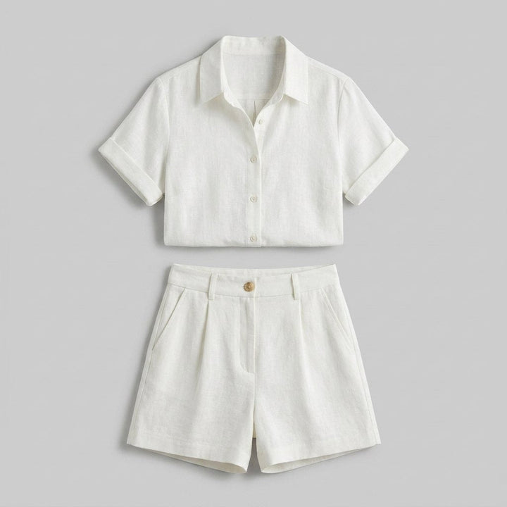 Felicity | Linen Set Breathable Button-Front Shirt & High-Waist Shorts for Women's Clothing