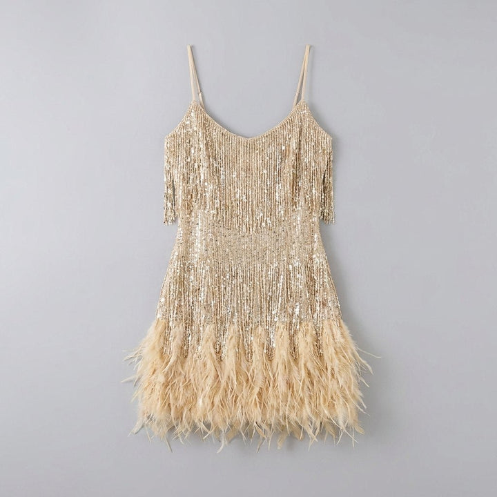 Felicity | Party Dress Sequin Embellished, Feather Hem, Spaghetti Strap