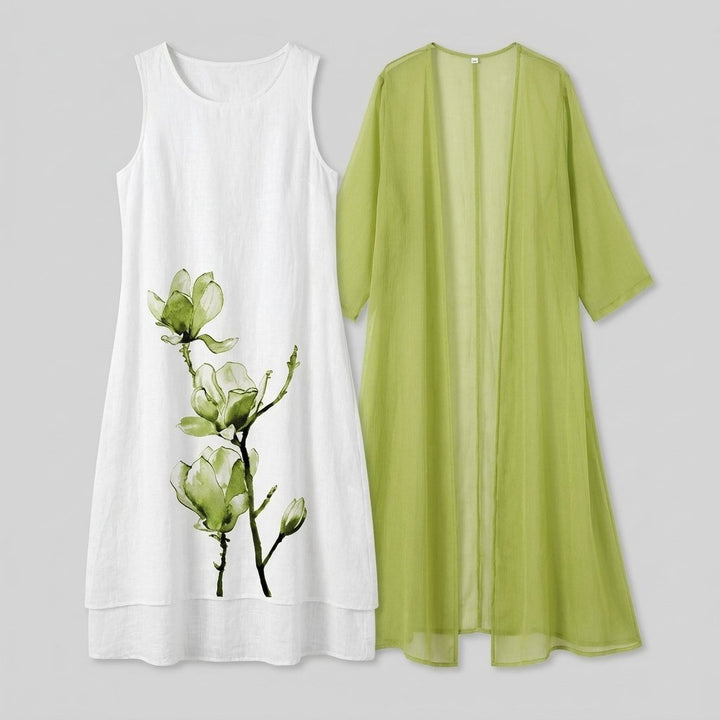 Fleur | Midi Dress Floral Linen & Chiffon Cardigan, Perfect for Summer Weddings and Formal Events