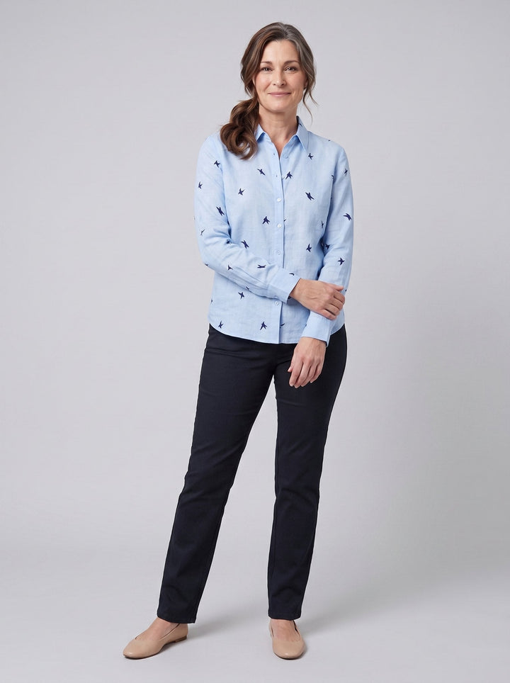 Flora women's cotton linen top blue - front view on model