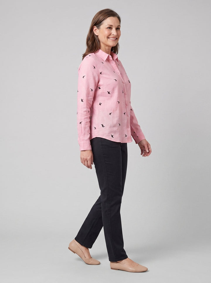 Flora women's cotton linen top pink - three-quarter view on model