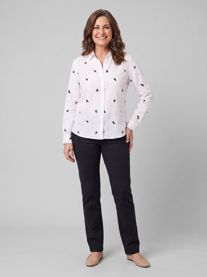 Flora women's cotton linen top white - front view on model