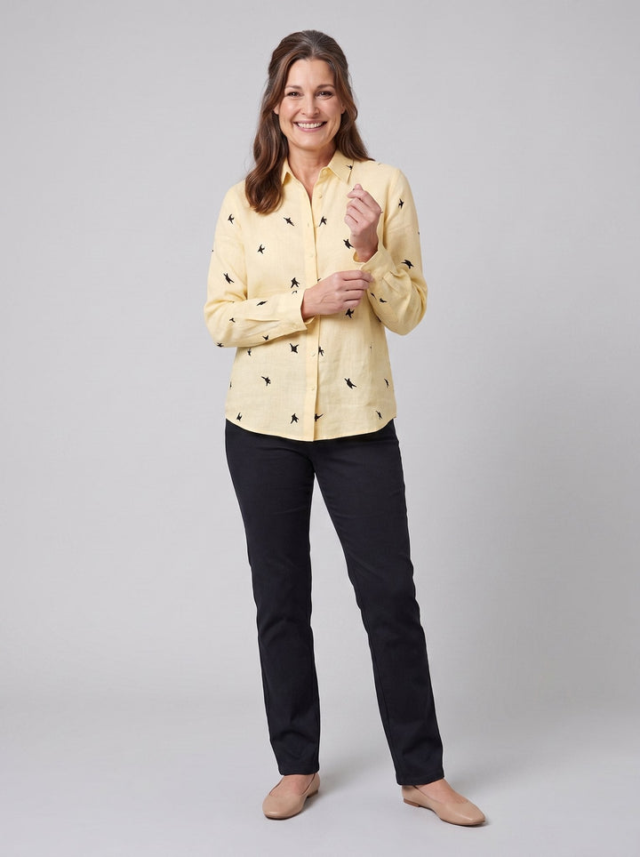 Flora women's cotton linen top yellow - front view on model