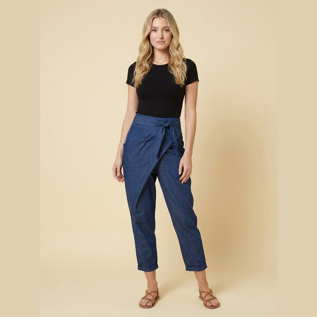 Grove asymmetric wrap harem pants in navy blue