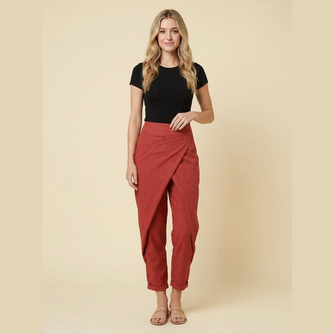 Grove asymmetric wrap harem pants in brick red