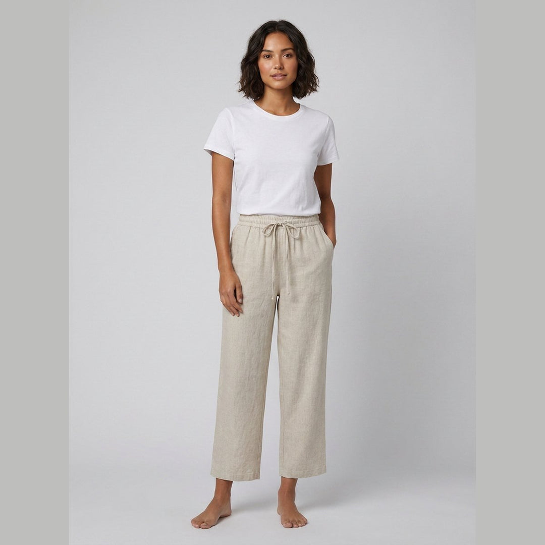 Haru wide-leg cropped linen trousers in oatmeal khaki