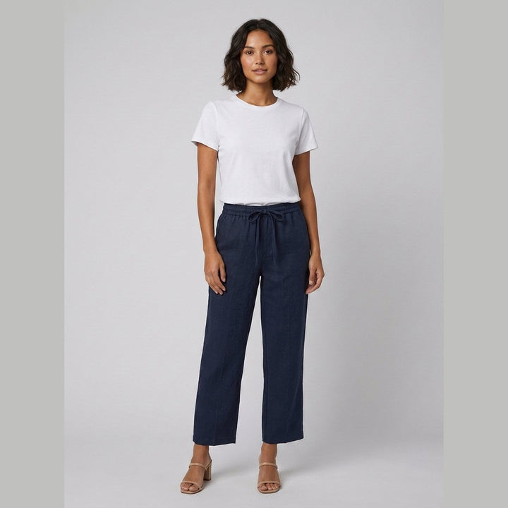 Haru wide-leg cropped linen trousers in navy blue