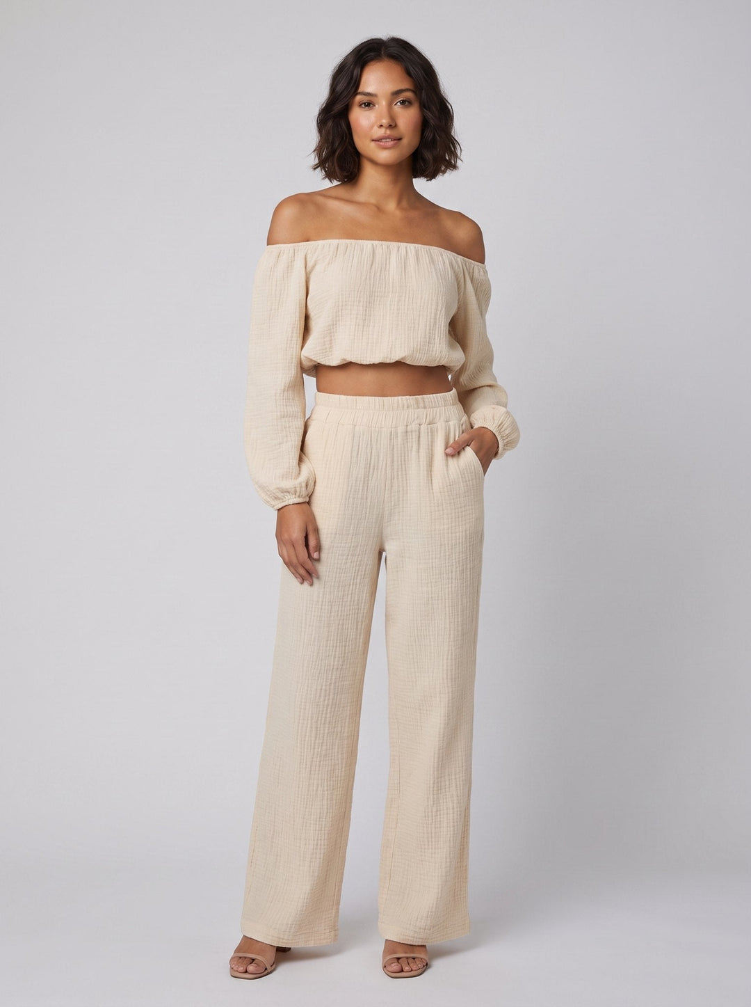 Isla Coastal Set in khaki - off-shoulder muslin crop top and wide-leg pants, front view