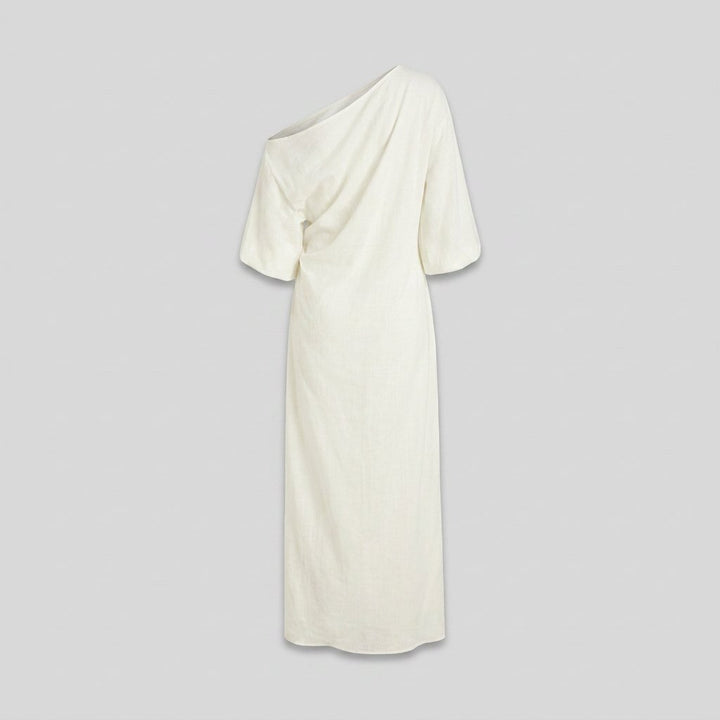 Ivory | Elegance Dress Cotton-Linen Blend, One-Shoulder Wedding Guest Dress