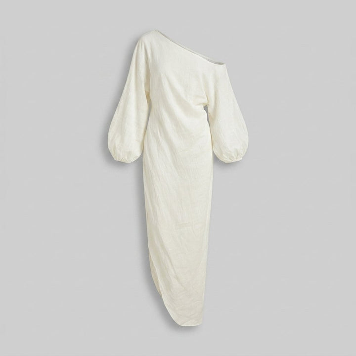 Ivory | Elegance Dress Cotton-Linen Blend, One-Shoulder Wedding Guest Dress