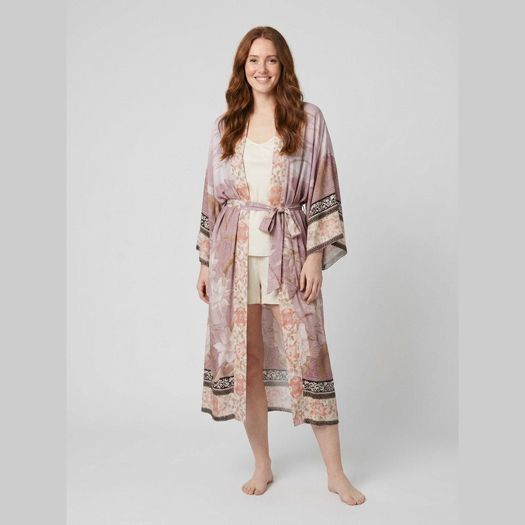 Ivy Beach Kimono pink floral on model