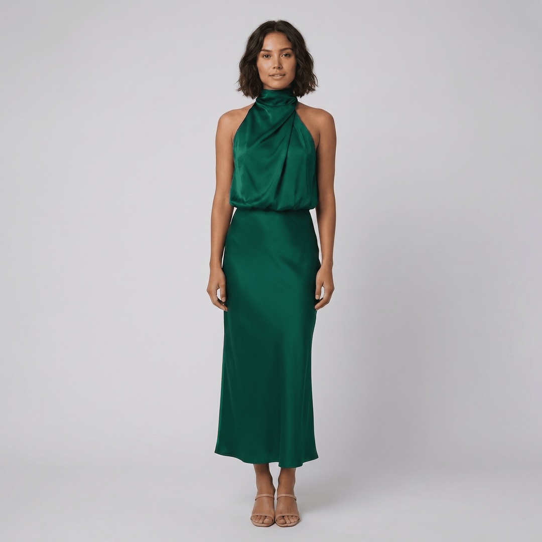 Ivy satin halter gown green
