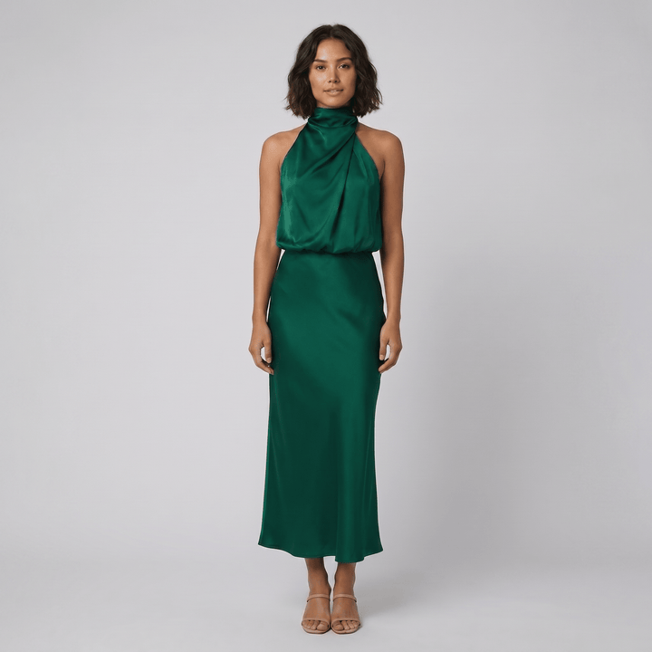 Ivy satin halter gown green