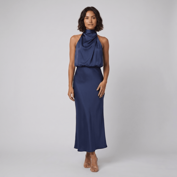 Ivy satin halter gown navy blue