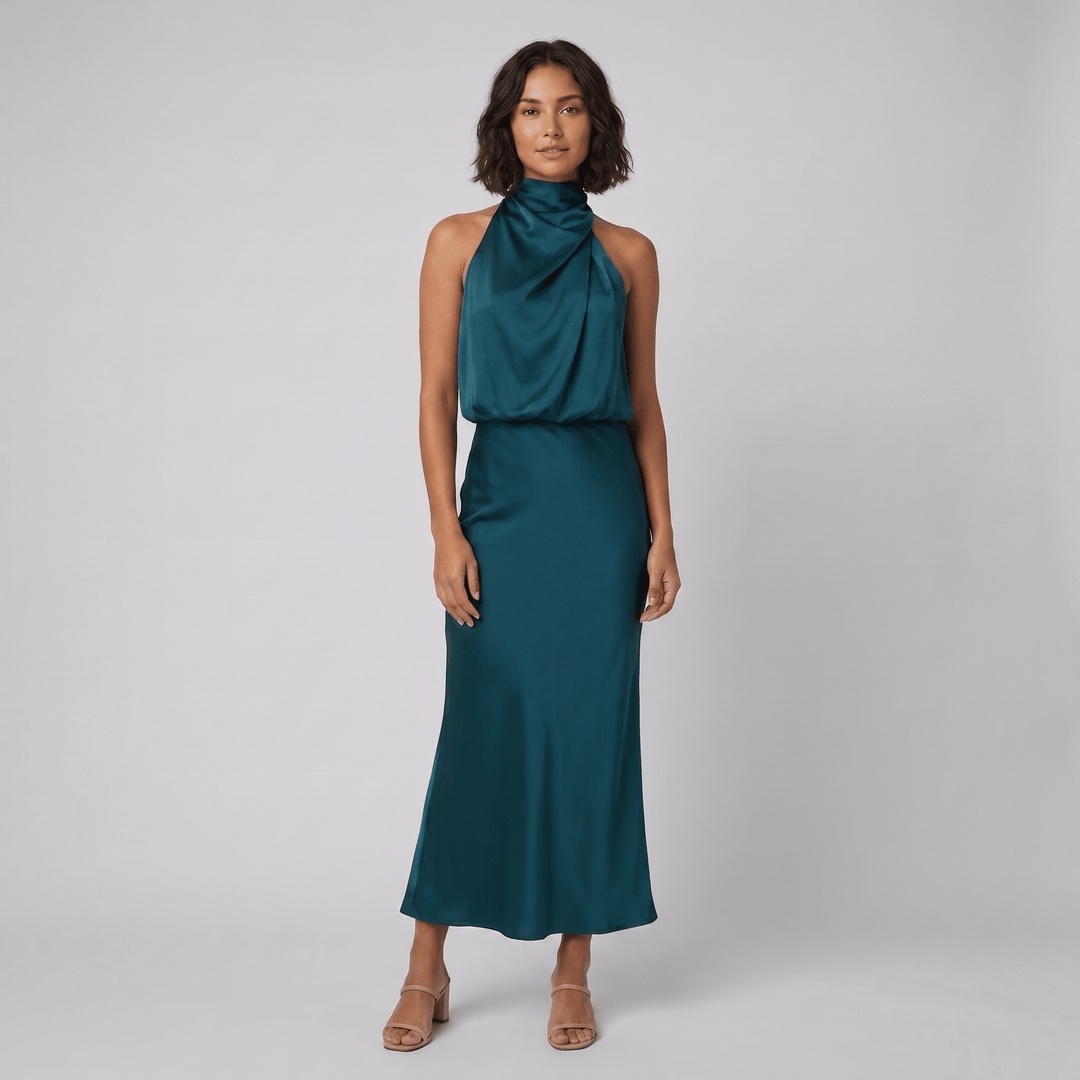 Ivy satin halter gown pine blue teal