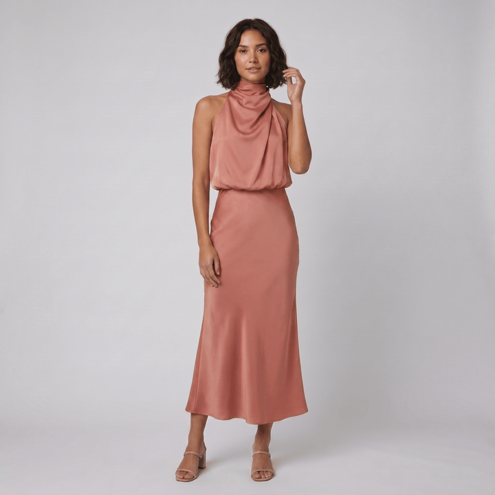 Ivy satin halter gown salmon