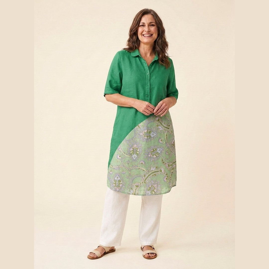 Jade plus size linen dress green floral patchwork
