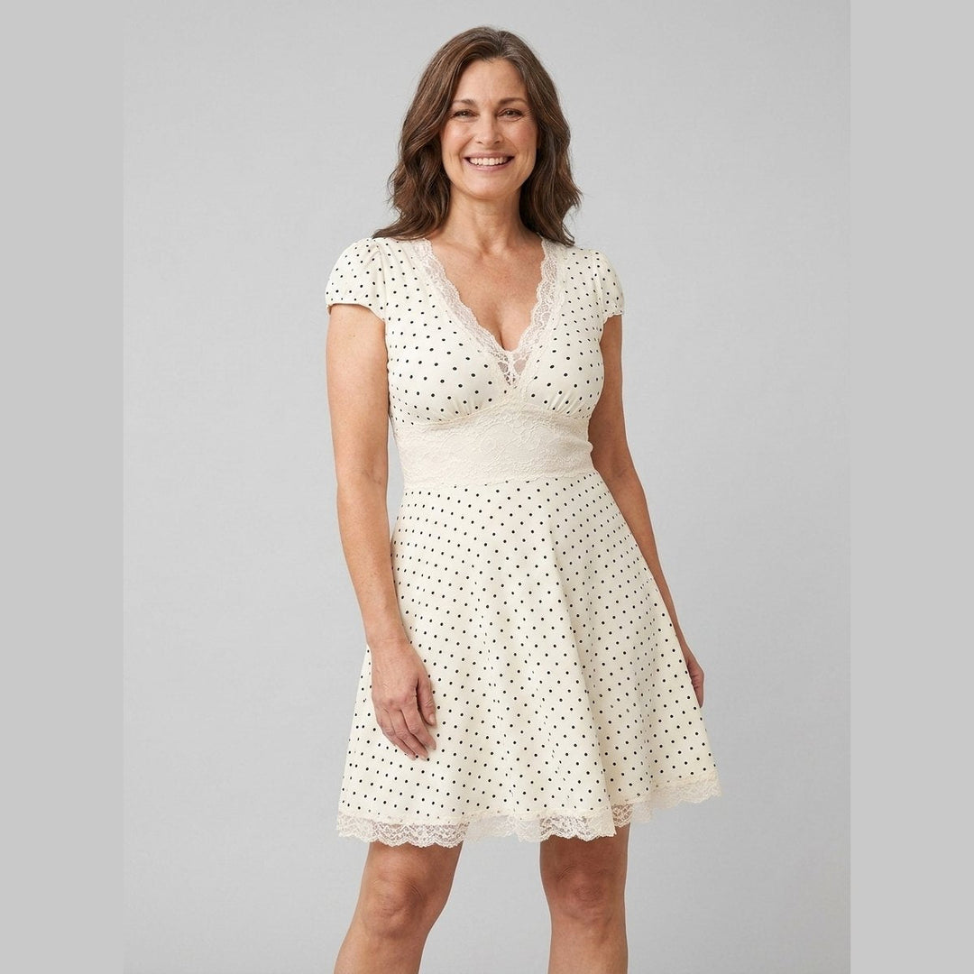 Lara mini dress lace trim white polka dot