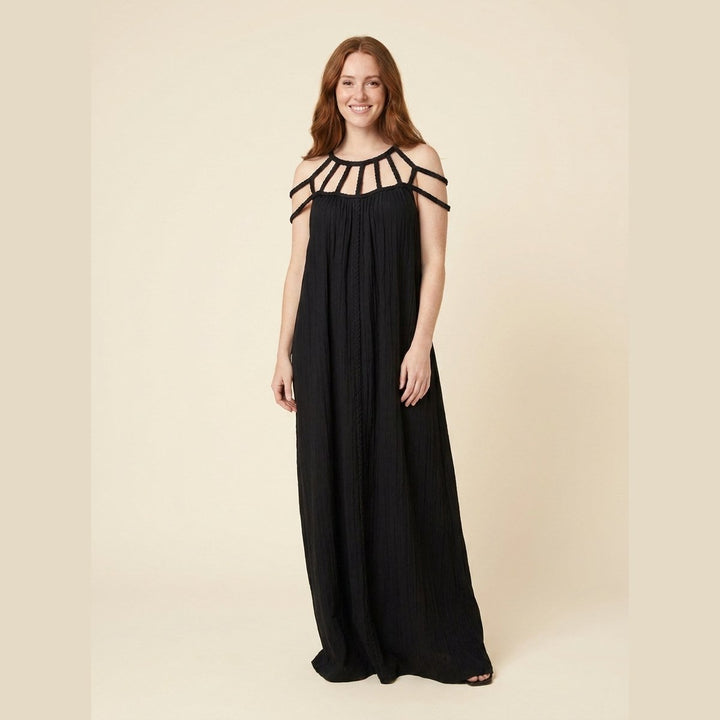 Lina linen draped braids maxi dress black