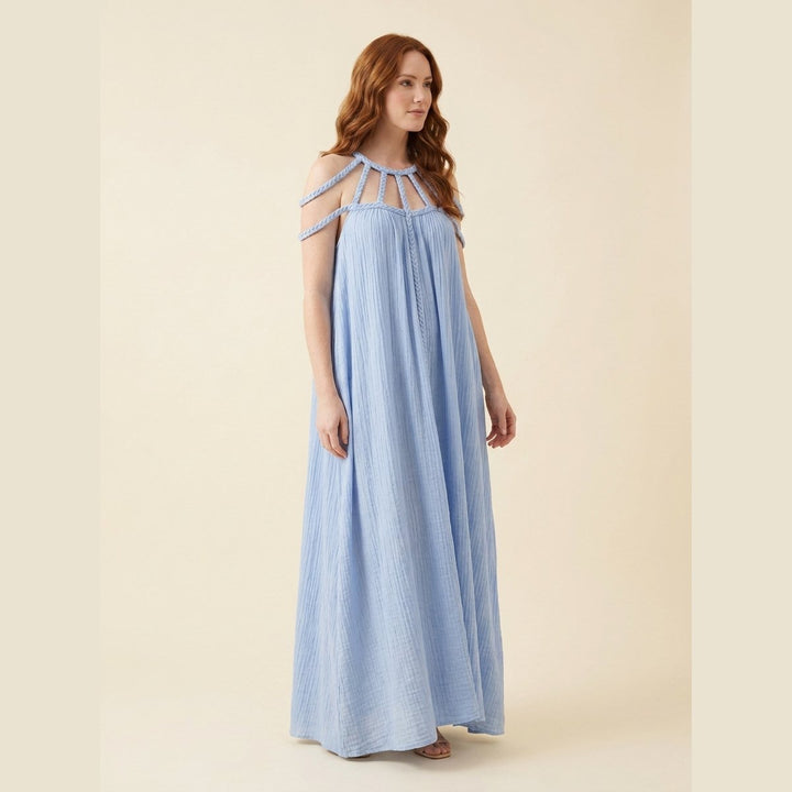 Lina linen draped braids maxi dress blue