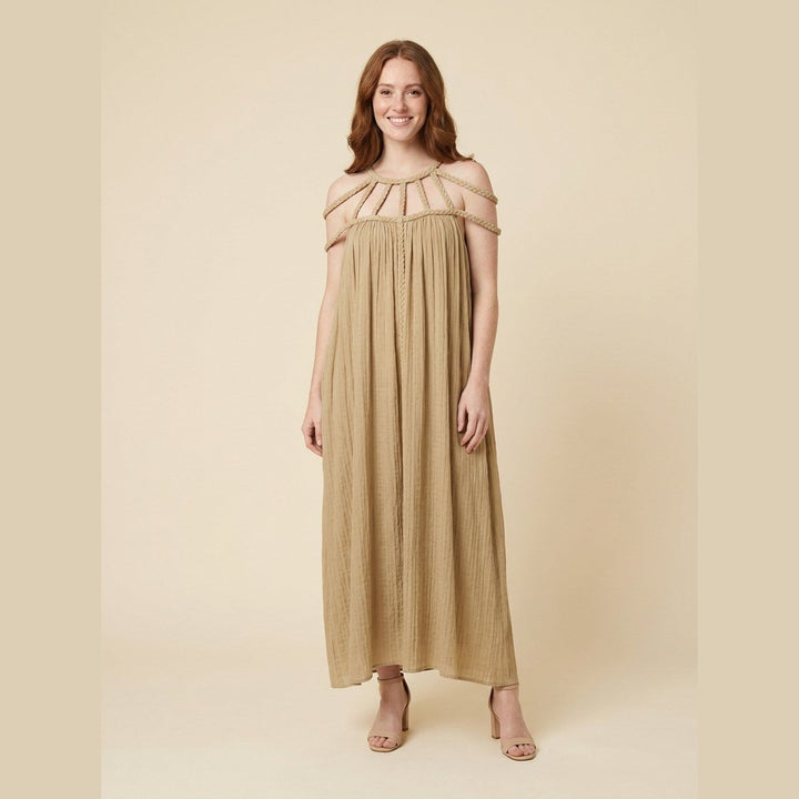Lina linen draped braids maxi dress khaki