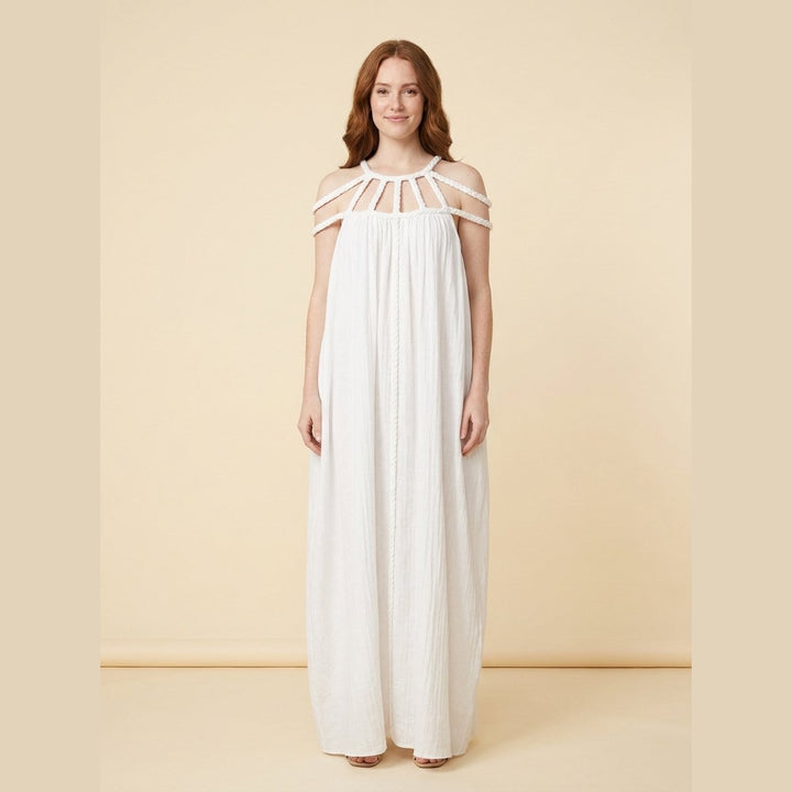 Lina linen draped braids maxi dress white