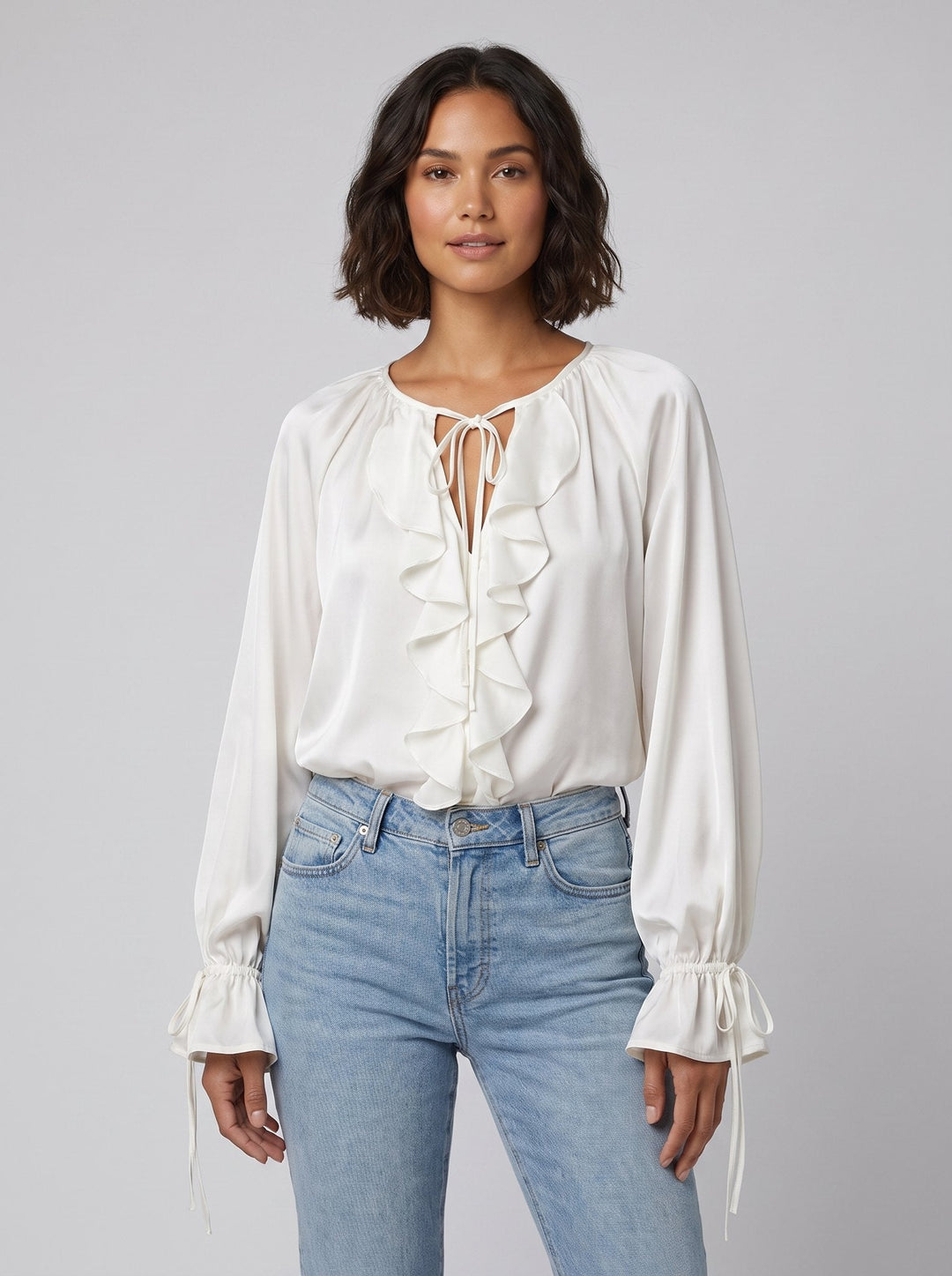 Liora satin ruffle blouse white