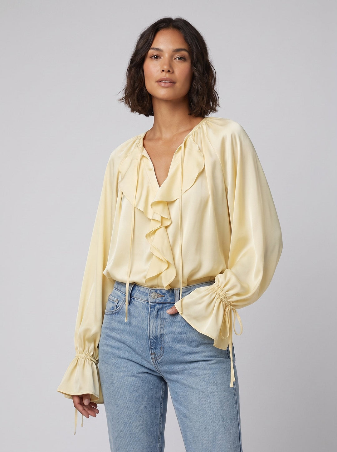 Liora satin ruffle blouse yellow