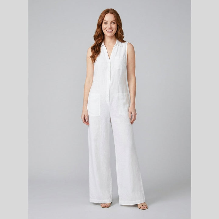 Luna white sleeveless cotton-linen wide-leg jumpsuit front on model
