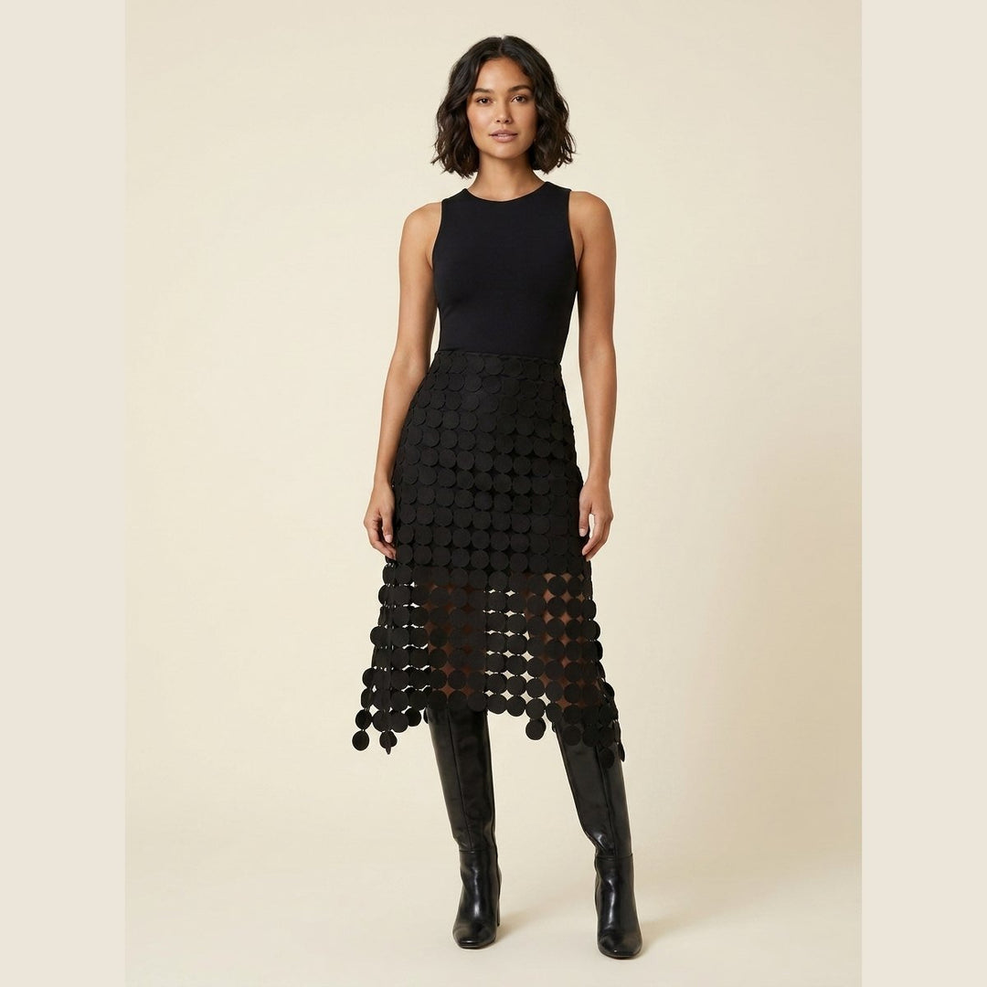 Luna black laser-cut disc high-waist midi skirt front on model