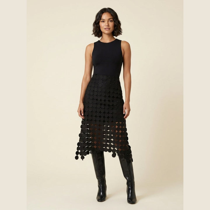 Luna black laser-cut disc high-waist midi skirt front on model
