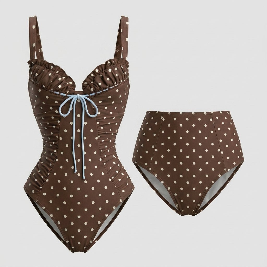 Light coffee polka dot swimsuit front flat-lay