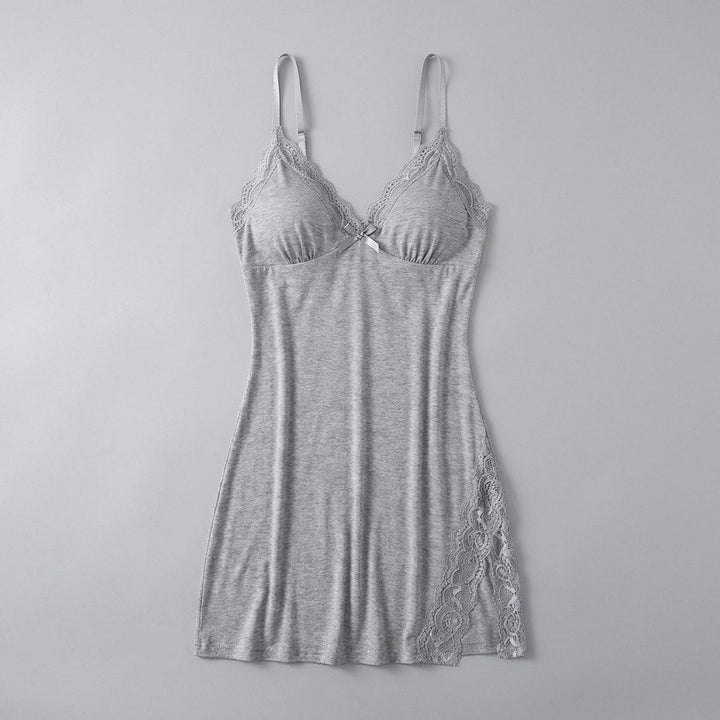 Luna lace-trim satin slip nightgown, grey, flat-lay