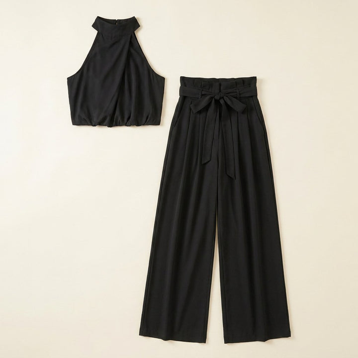 Luxe Co Ord Set Women | Elegant Cotton Blend, Halter Crop Top & High Waist Pants