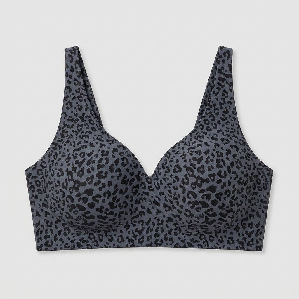Black leopard wireless V-neck bra flat-lay