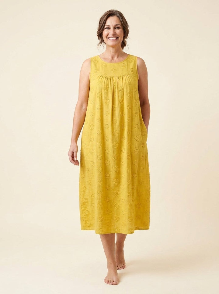 Mara lightweight midi dress with pockets, yellow, front