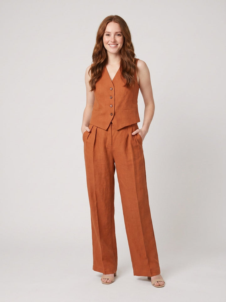 Marlowe linen trouser set orange on model