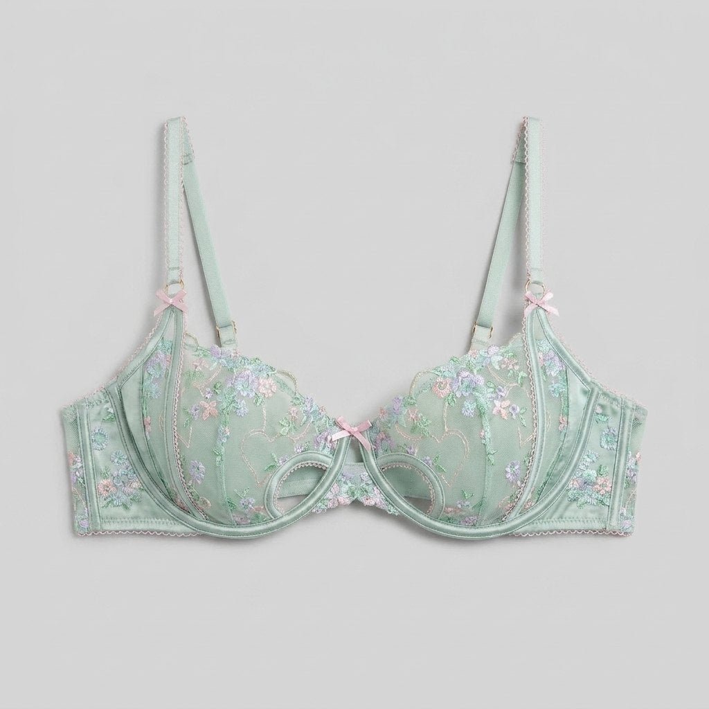 Mira Balcony Bra mint floral embroidery satin - front