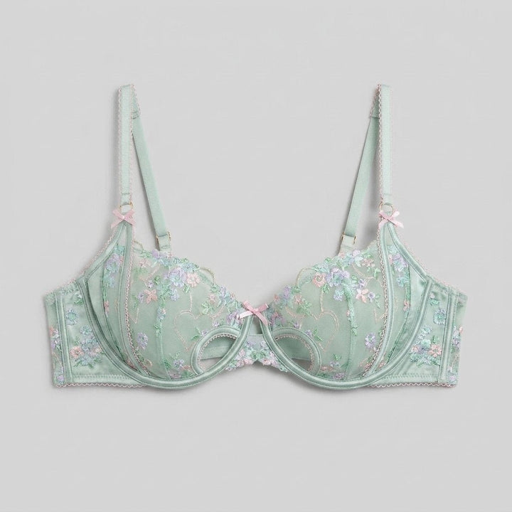 Mira Balcony Bra mint floral embroidery satin - front