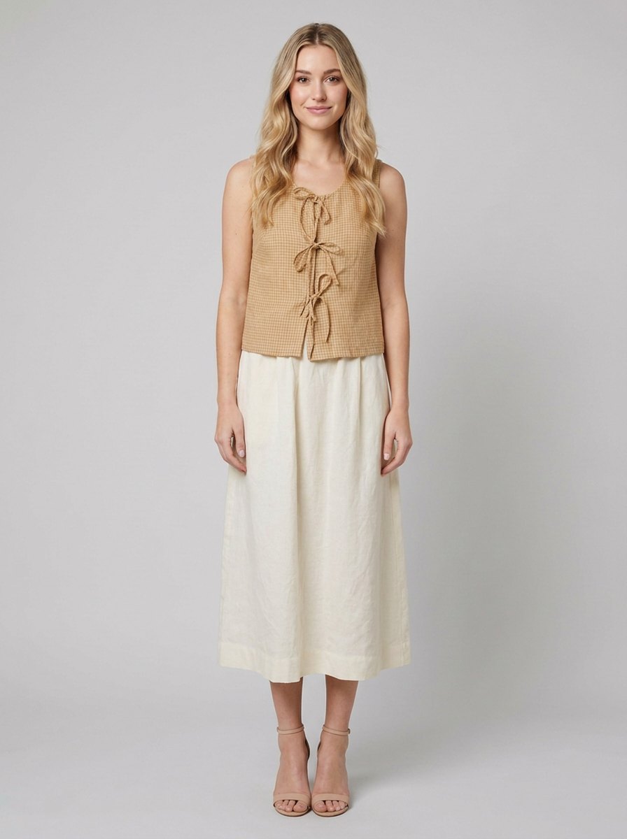 Mira linen tie-front top tan front