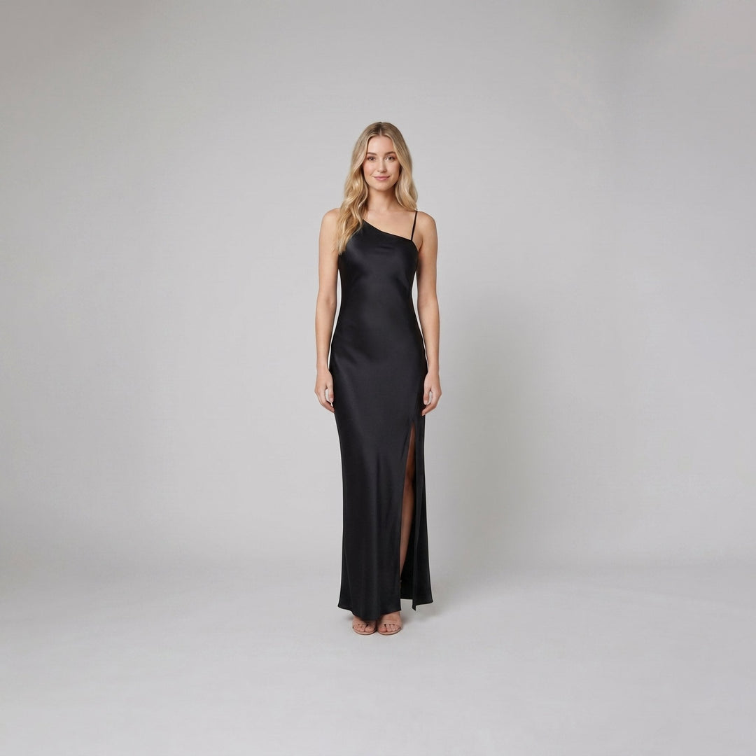 Mira black satin open-back maxi on model