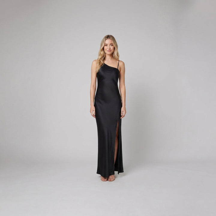 Mira black satin open-back maxi on model