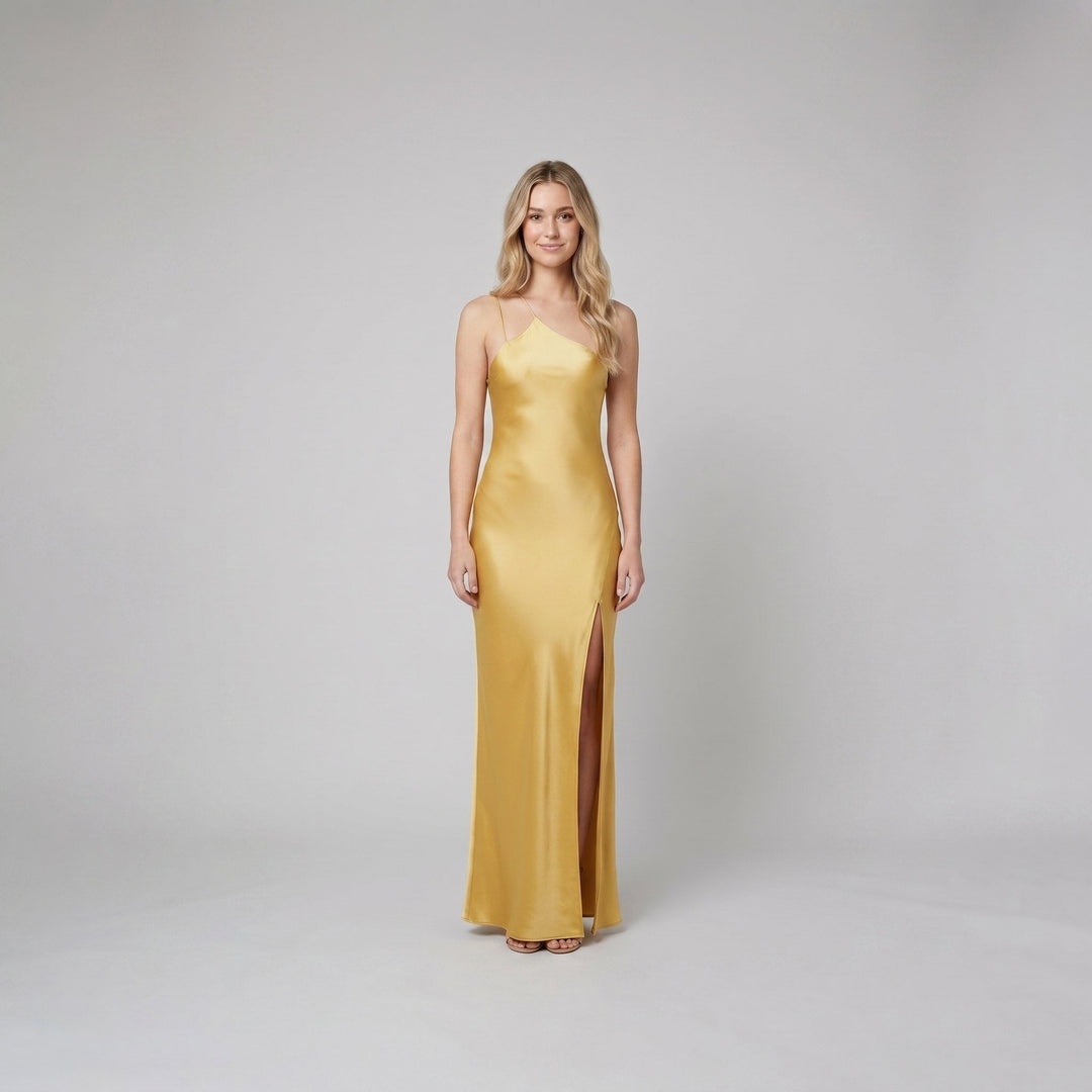Mira yellow satin open-back maxi on model