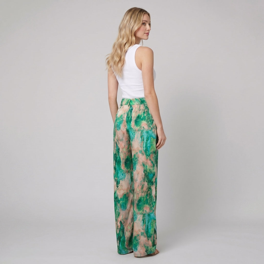 Mira marble print high waisted pants green on model