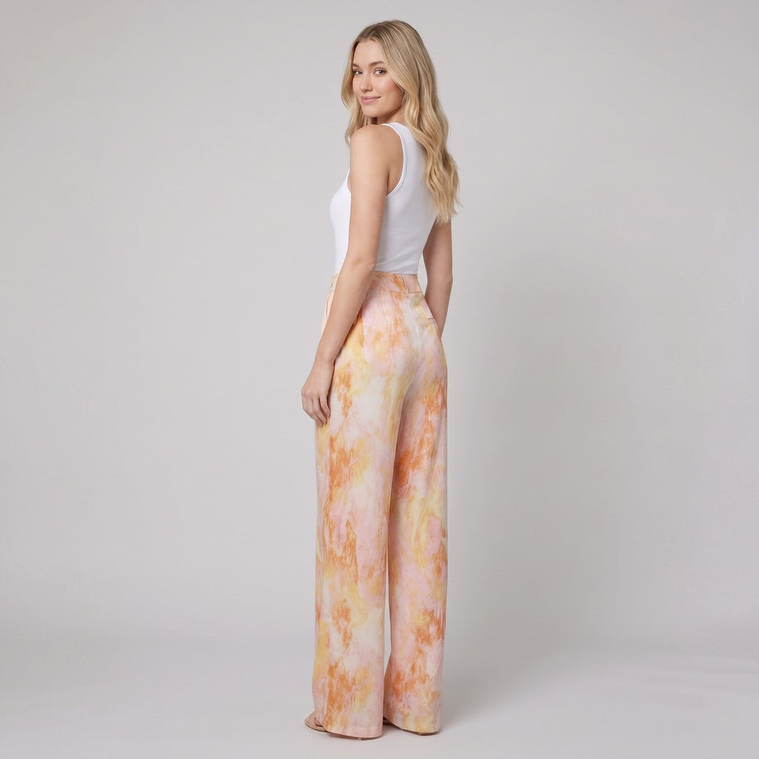 Mira marble print high waisted pants orange on model