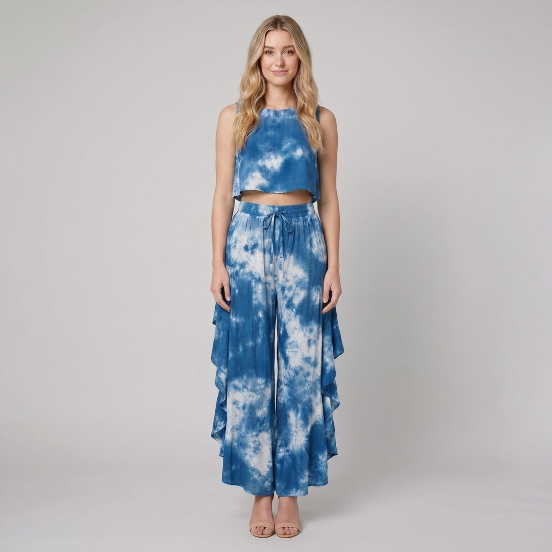 Mira blue tie dye blouse and ruffled pants set front on model