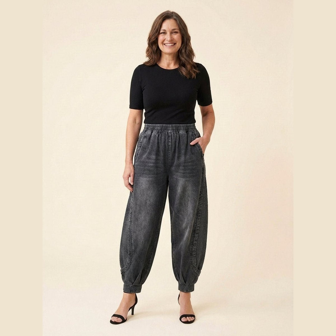 Palo plus-size grey patchwork denim harem pants front on model