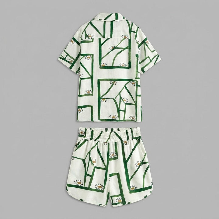 Pine | Drawstring Shorts Set Linen Blend, Casual Print