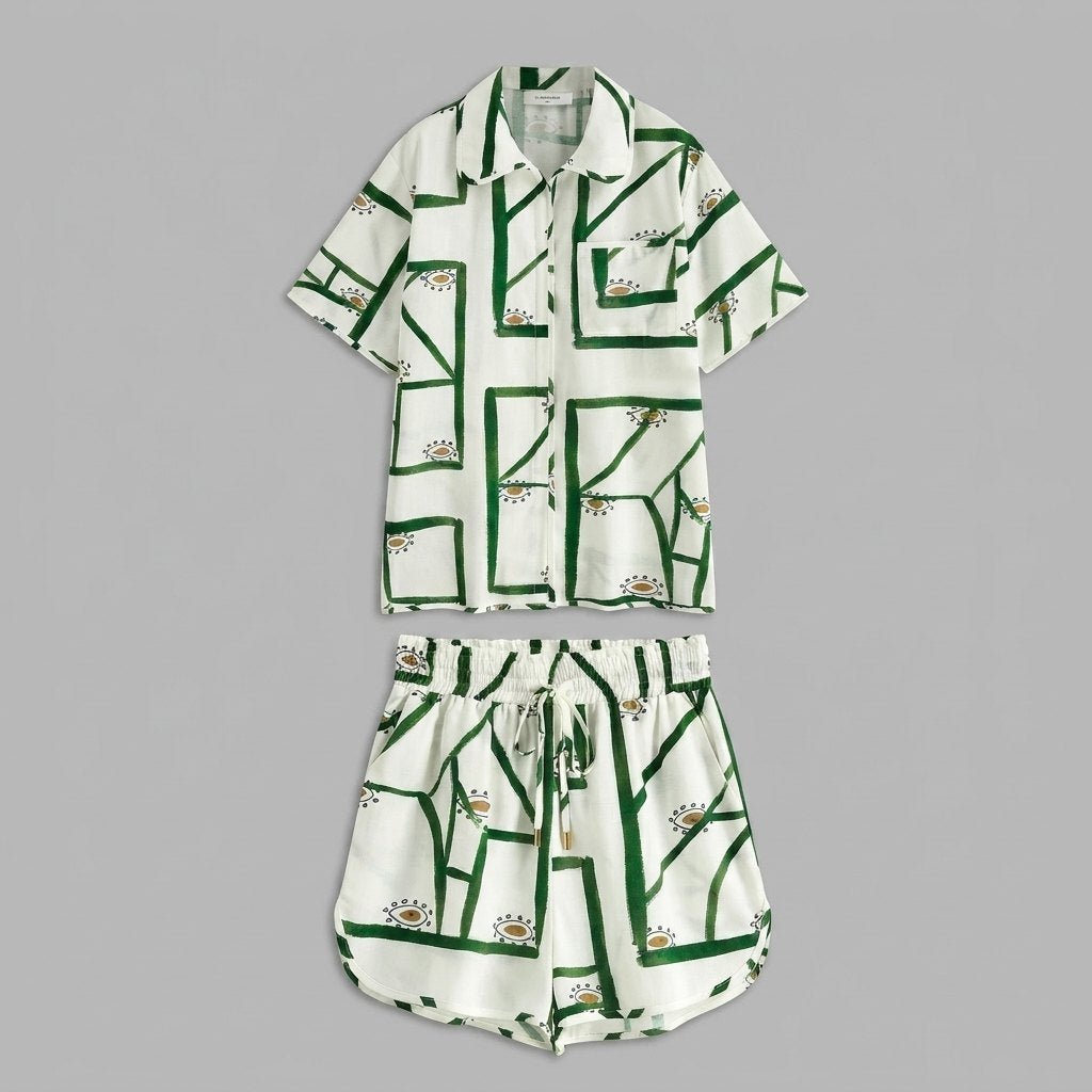 Pine | Drawstring Shorts Set Linen Blend, Casual Print