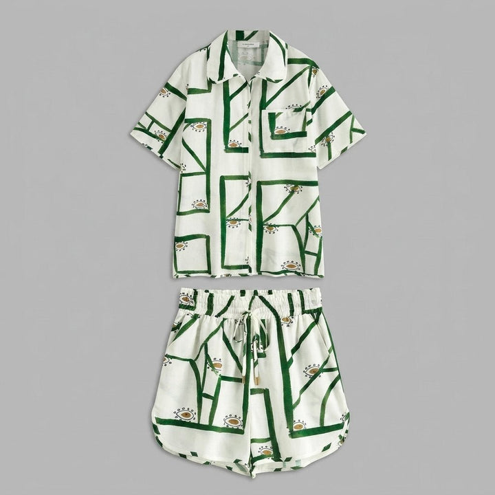 Pine | Drawstring Shorts Set Linen Blend, Casual Print